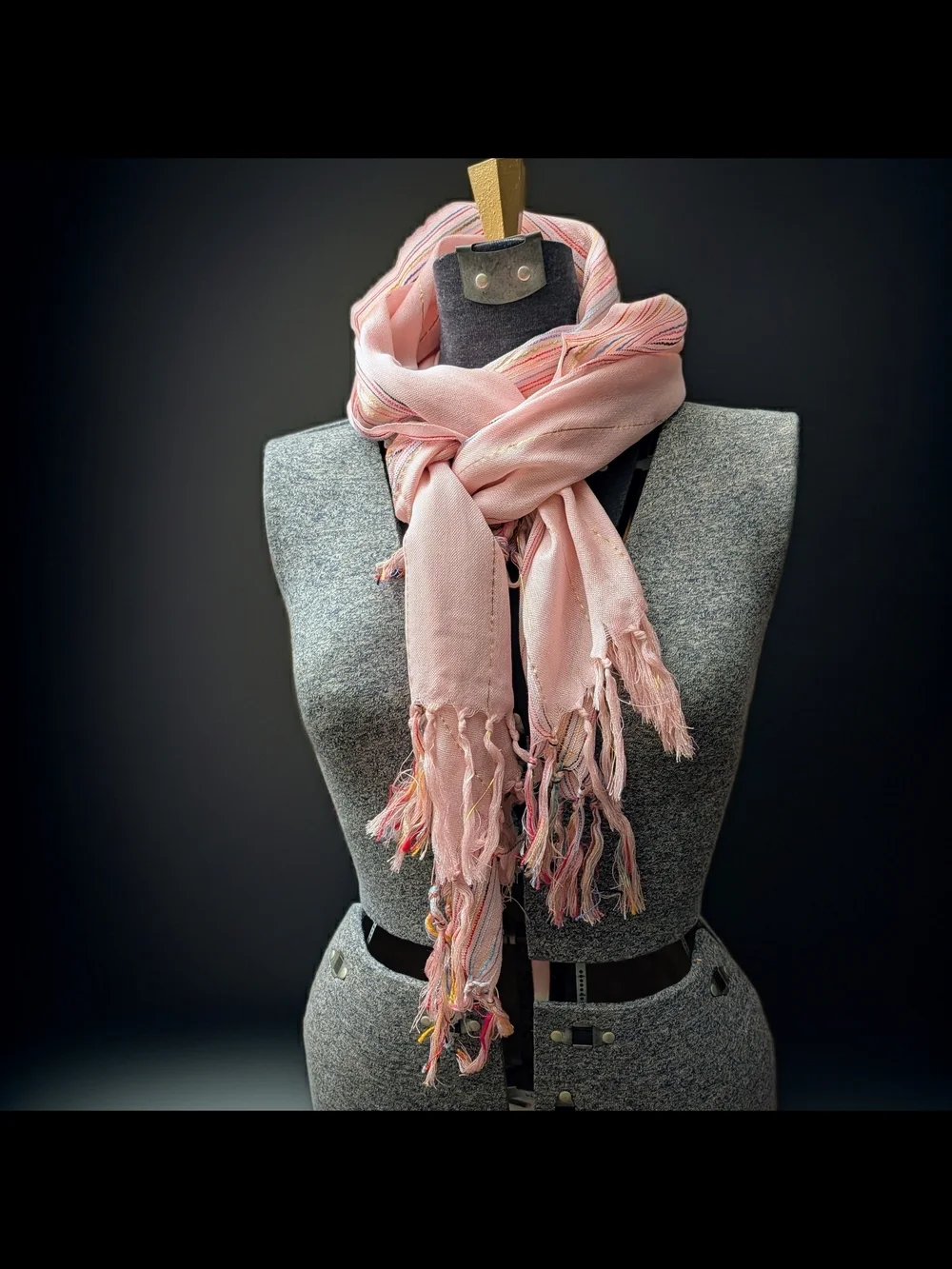 Artisan-Style Mixed Fiber Soft Pink Striped Fringe Shimmering Scarf Wrap 24